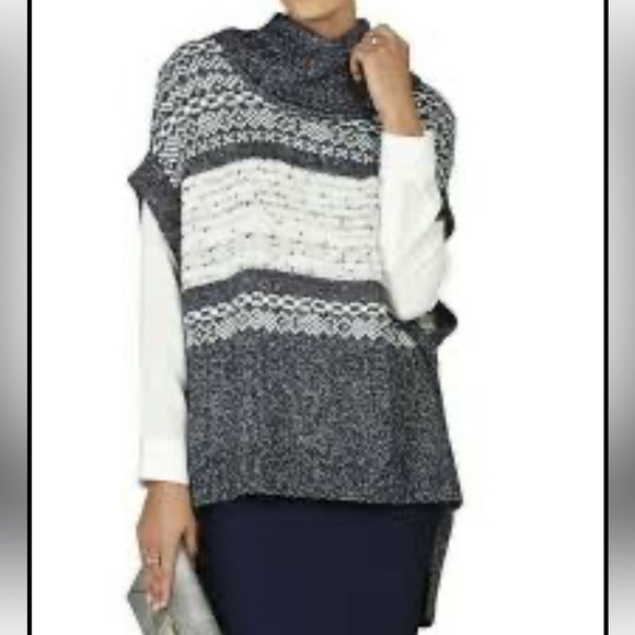 BCBGmaxazria Womens Sweater M/L Blue Wool Elinor Knit Cowl Neck Fair isle Hi-Low - Picture 3 of 12